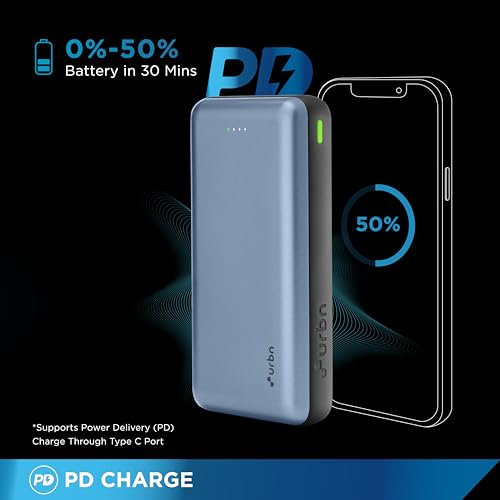 Image of URBN 20000 mAh 22.5W Super Fast Charging Ultra Compact Power Bank with Quick Charge & Power Delivery, Type C Lightning Input /Output, Made in India, Type C Cable Included (Blue)