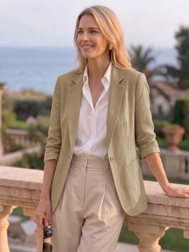 Image of Mina Self 2026 Summer Women's Linen Blazer Jacket - Lightweight Breathable 3 /4 Stretchy Ruched Sleeve Casual Work with Pocket