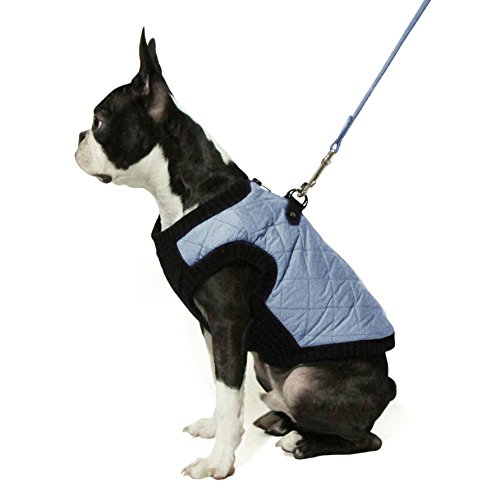 Image of Gooby Fashion Vest Dog Jacket, Gray, Medium | Quilted bomber, water-resistant; Stretch knit bottom; Dual D-ring leash; Pain-free zipper guard; Warm