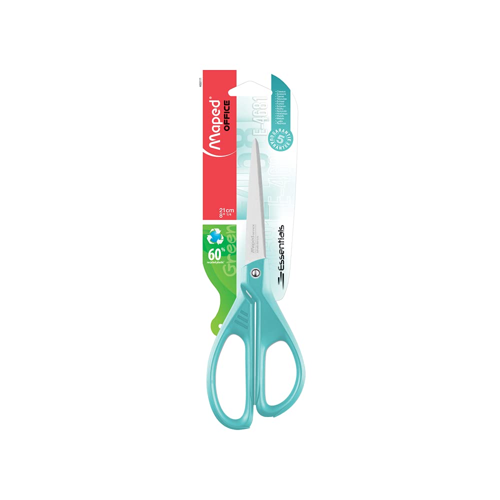 Maped - Tijeras de Oficina - Essentials Asimétrica 21 cm - Tijeras Azules - Hojas y Remaches de Acero Inoxidable - Anillas Ergonómicas para Ambidiestros - Punta Afilada