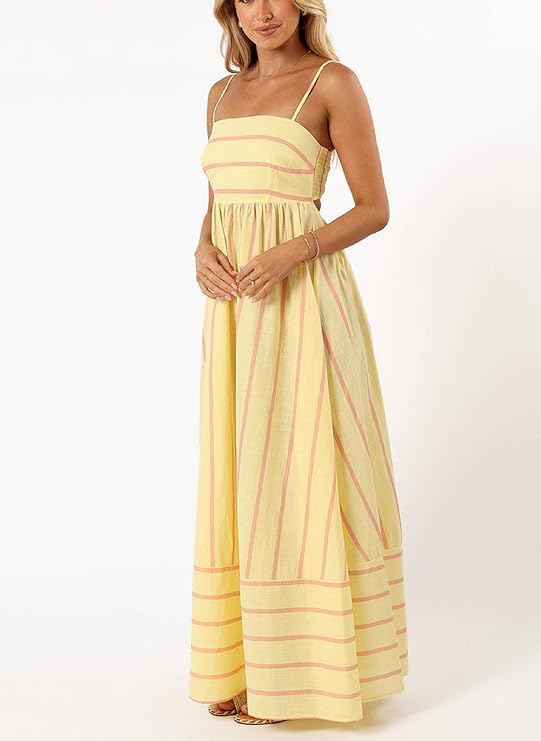 Image of KMBANGI Women Striped Sleeveless Maxi Dress Swing Patchwork Midi Dress Smocked Spaghetti Strap Colorful Long Sundress
