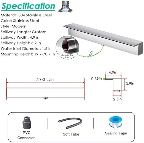 72-Inch Stainless Steel Pool Fountain, Overflow Waterfall Spillway Outlet for Pond & Patio, Wall Recessed Sprayer Spout with Fittings (Black) - Enhance Your Outdoor Oasis
