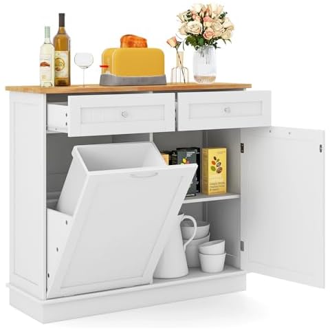 LOKO Kitchen Tilt Out Trash Cabinet, Modern Trash Cabinet with 2 Drawers & Adjustable Shelf, Pet Proof Trash Can Cabinet with Rubber Wood Tabletop, Ideal for Living Room, Dining Room (White) Cover