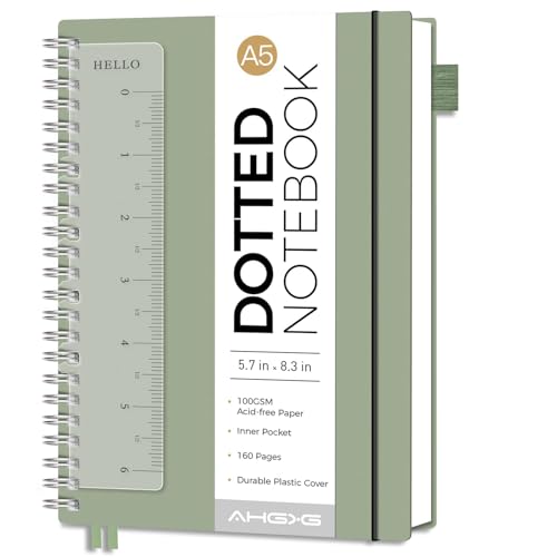 AHGXG Dotted Journal - Dot Grid Spiral Notebook A5, 160 Pages, 100 GSM Thick Paper, Waterproof Plastic Cover Journals for Journaling, Sketching, 5.7' x 8.3', Light Green
