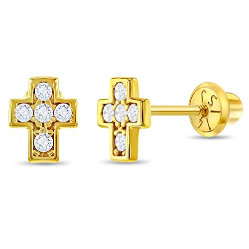 14k Yellow Gold & Cubic Zirconia Tiny 5mm Cross Screw Back Earrings for Babies, Toddlers & Young Girls - Small CZ Cross Earrings with Safety Screw Backs for Infants & Toddlers
