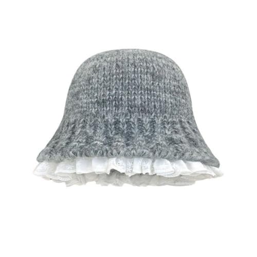 Korean Retro Lace Knitted Hat Sweet Cute Fashion Trend Autumn and Winter Warm Basin Hat Cap Grey