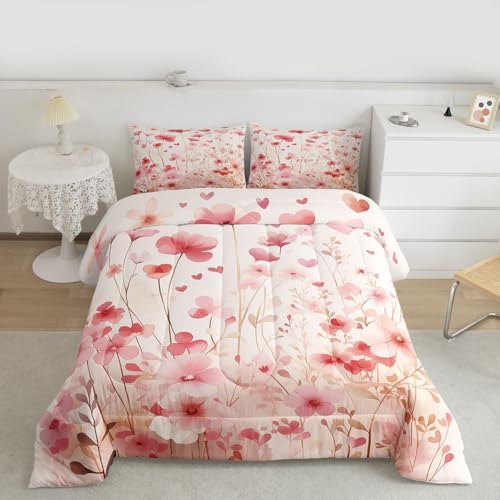 Image of Erosebridal Poppy Flowers King Comforter Set Pink Valentine Bedding Set for Kids Teens Romantic Love Heart Shaped Bed Set Spring Floral Quilt Duvet
