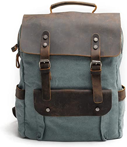 Eysee Mochila Vintage de Lona para Hombre con Mochila de Cuero Negra, Mochila para Exteriores con Compartimento para Laptop