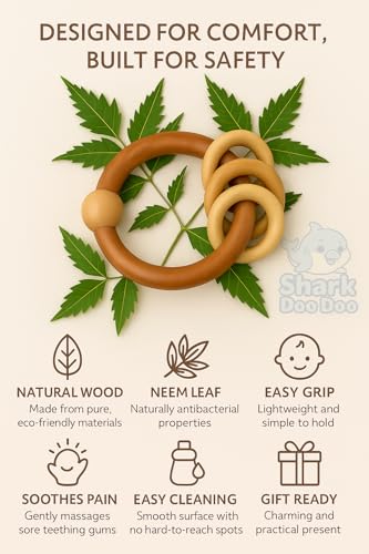 Image of Shark Doo Doo Neem Wood Baby Teether (Round Rattle with Rings) | Organic & Handcrafted | Chemical-Free, Paint-Free, Antibacterial Teething Toy for Babies