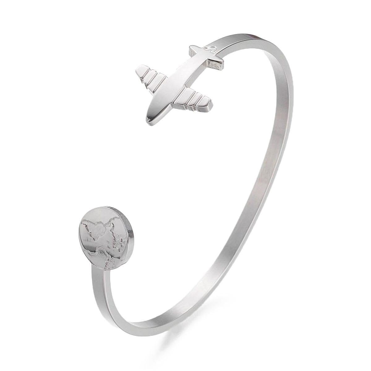 Sadingo Women's Bracelet World Globe – Slim Stainless Steel Bangle Aeroplane & Earth Travel The World Gift Birthday Colour: Silver