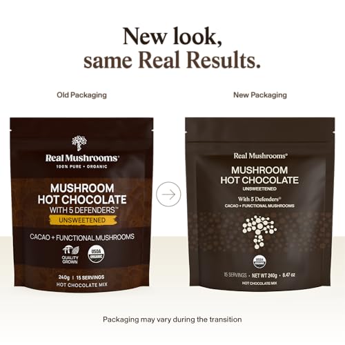 Real Mushrooms Unsweetened Organic Hot Chocolate Mix w/ 5 Defenders (Turkey Tail, Chaga, Maitake, Shiitake, Reishi Powder) - Cacao Powder - Gluten-Free, Non-GMO, Vegan (15 Servings)