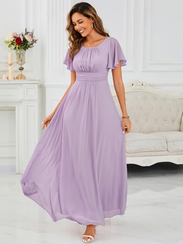 Image of Ever-Pretty Women's Spring Elegant Round Neck Short Sleeve Chiffon Empire Waist Floor Length Formal Dresses Bridesmaid Dress