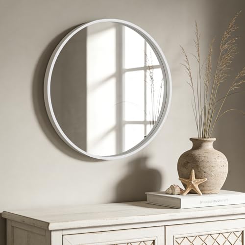 Image of WallBeyond Round Wood Mirror 24 inch Circle Wall Mirror for Bathroom Round Wall Mirror for Wall Decor, Vanity, Entryway Living Room (White)