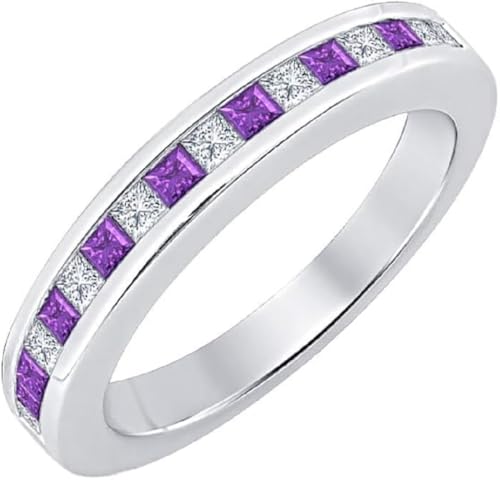 Princess Cut Amethyst & Diamond 14K White Gold Finish Half Eternity Engagement Wedding Ring for Women's2