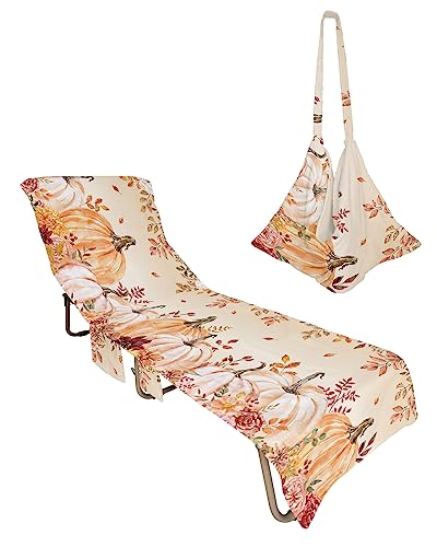 Thanksgiving Fall Beach Chair Towel Covers for Chaise Lounge with Side Pocket, Soft Plush Pool Towels Cover for Patio Sunbathing Outdoor 29''x85'' Fall Orange Pumpkin Flower Eucalyptus