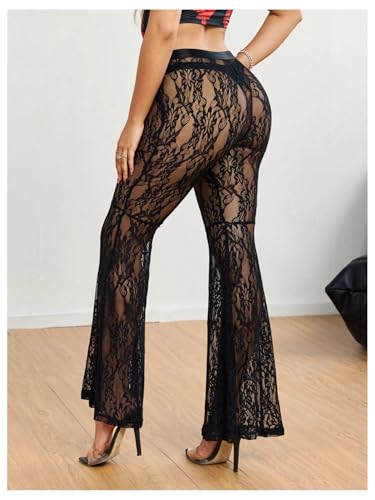 SweatyRocks Women's Sheer Lace Flare Pants High Waisted Flowy Party Bell Bottoms Trousers2