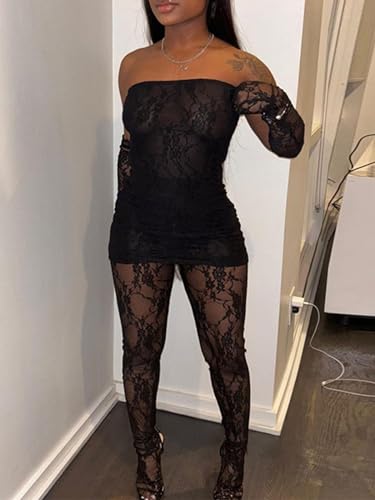 Mojessy 2 Piece Outfits for Women Sexy Lace Tube Mini Dress Top with Stockings Legging Set Birthday Outfits3