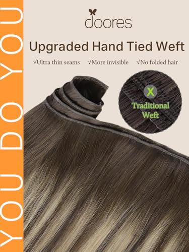 Image of DOORES Genius Sew in Weft Human Hair Extensions for Women, 16 Inch Chocolate Brown to Honey Blonde 50g, Hand Tied Weft Hair Extensions