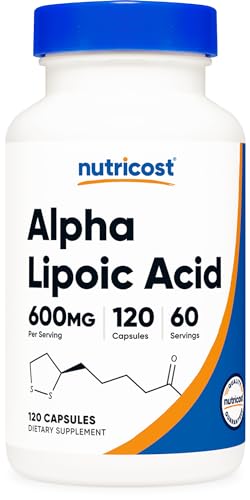 Acido Fólico, Nutricost Ácido Alfa Lipoico 600 mg - 120 Cápsulas 60 Porciones - Suplemento Antioxidante Potente Apoyo a la Energía y Metabolismo - Hecho en USA -