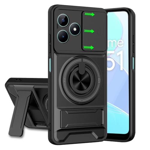 Image of Realme C51 / C53 / Narzo N53 Back Cover | Armor Camera Slider 360 Degree Rotating Finger Ring Holder Case with Bracket Stand Back Case Cover (Compatible with MagSafe Accessories) (Black)