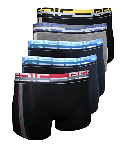 Reedic Herren Boxershorts, Baumwolle, 5er Pack, Größe XX-Large (2XL), Farbe je 1x schwarz-rot, grau, schwarz-gelb 2X blau