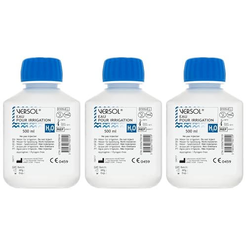 VERSOL Agua Estéril Purificada H₂O 3 × 500 ml (1500 ml) – Solución Estéril y Libre de Pirógenos para Limpieza de Heridas, Cuidado de la Piel y Enjuague de Lentes de Contacto