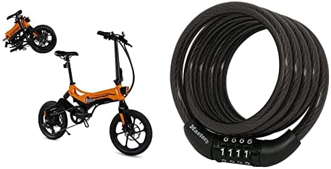 Swagtron Swagcycle EB-7 Elite Plus Folding Electric Bike with Removable Battery, Orange/Black, 16" Wheels, 7-Speed & Master Lock 8143D Bike Lock Cable with Combination