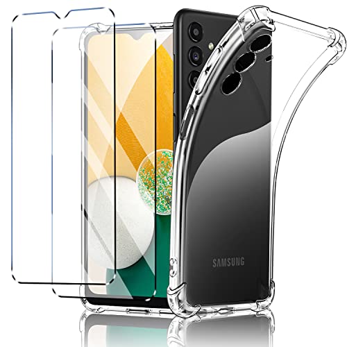 New&Teck Beschermhoes voor Samsung Galaxy A13 5G / A04S + 2 screenprotector van gehard glas, beschermhoes van zachte TPU-siliconen, bumper met versterkte hoeken, heldere bescherming (transparant)