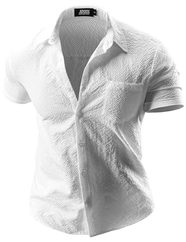 JOGAL Men's Button Down Shirts Short Sleeve Casual Shirts Textured Summer Beach Wedding Shirts
