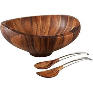 nambe Butterfly Acacia Wood Salad Bowl with 2 Salad Servers | Made of Acacia wood and Nambe Alloy | Large Deep Wooden Bowls | Acacia Wood Salad Bowl Set | Designed by Sean O’hara (16-in)