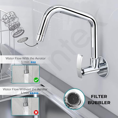 Image of Plantex Sink tap for Kitchen Basin /Pure Brass Kitchen Tap with Brass Wall Flange and Water Saving Nozzle /Tap for Wash Basin /Kitchen Faucet (Chrome, ZUR-1508)