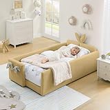 Twin Daybed Frame for Kid, Upholstered Comfy Day Bed Frame with Cartoon Rabbit Bunny Ear Headboard, Boucle Tufted Sofa Bed with Side Pocket for Bedroom Kids’ Room Playroom, No Box Spring Needed,Yellow