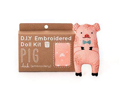 Image of Kiriki Press DIY Embroidery Doll Kit - Skill Level 1 - Beginner to Advanced Embroidery Kits for Adults Teens (3 Skill Levels) Animal Embroidery Kit - Screen Printed Pattern (Pig - Level 1)
