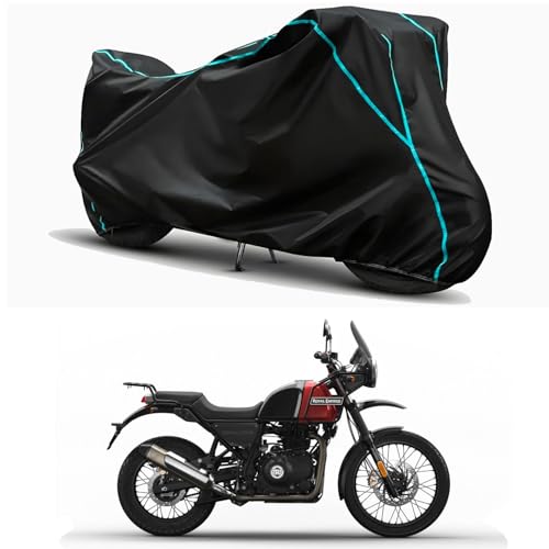 Image of Waterproof Bike Body Cover Compatible for | Royal Enfie Himalayan Rock | Taffeta Fabric, Sky Piping Design, Bottom Elastic Fit | Dustproof, Sun UV & Rain Protection for All Weather.
