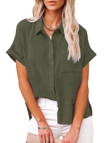 Womens Casual Cotton Linen Button Down Short Sleeve Shirts Solid Summer Beach Blouses Tops with Pocket Army Green