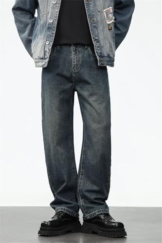 Men Youth Vintage Blue Knife-Cut Wide Leg Jeans Mid Rise Loose Comfort with Zipper Fly for Casual Everyday2