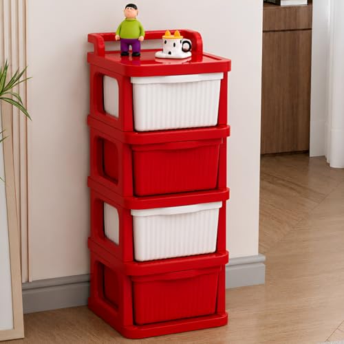 Image of JD FRESH 4 Tier Plastic Storage Drawer Cabinet with Wheels /Plastic Storage Drawer /Multipurpose Chest of Drawer /Storage Box for Living Room, Office and Home /Toys Organizer for Kids Room (Red)