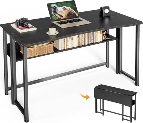 Huuger Folding Desk with Storage Shelf, 39.3 Inch Foldable Computer Table for Small Spaces, Space Saving Sofa Table for Couch, Writing Work Office Computer Desk, Easy to Fold, Black