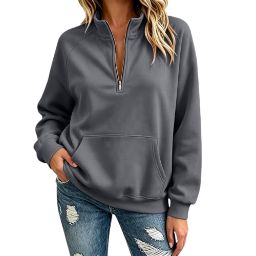 Mock Neck Tops for Women Grey L Quarter Zip Mock Neck Casual Athletic Pullo | Oversized Lightweight Sweatshirt,Long Sleeve Ribbed Cuffs and Hem Tops,Summer Fall Casual Loose Fit Sweater