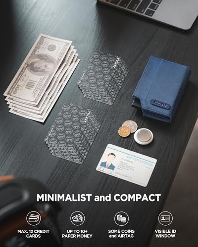 VULKIT Mens Wallet for Max.12 Cards with Pop-Up Credit Card Ejector Case, ID Window, Cash/Bills Compartment and Coin Pocket, Hook and Loop Tape Closure, Giftbox Packed, Blue Oxford Fabric4