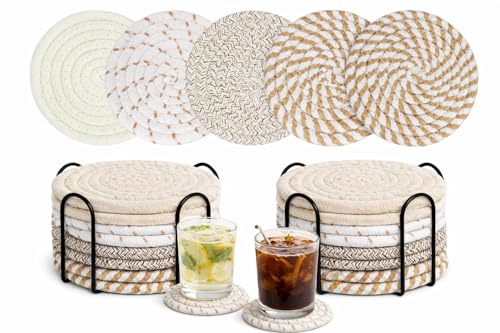 SKY-TOUCH 16PCS Drink Coasters with 2 Holder 16 Colors Absorbent Coasters Cotton Woven Beverage Coaster Heat-Resistant Coaster for Table Protection Home Decor Glasses Cups Bar 4.3 Inches