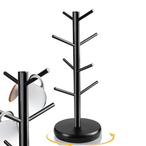 BigKing Black Coffee Mug Stand, Bamboo Cup Holder, Rotating Design with 8 Hooks and Sturdy Base, Coffee Cup Organiser for Coffee Bars and Kitchen Storage