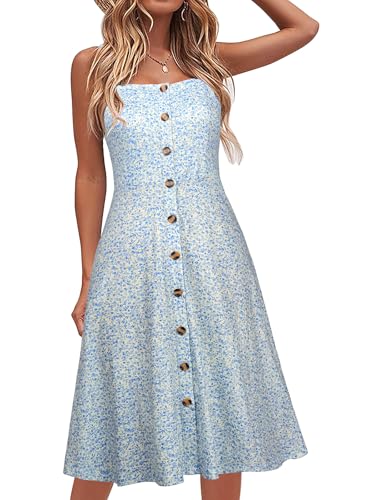 Image of Berydress Women's Casual Beach Summer Dresses 2026 Solid Cotton Flattering A-Line Spaghetti Strap Button Down Midi Sundress