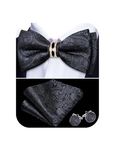 Image of YOHOWA Mens Bow Tie Set Paisley Pre-tied Bowties Adjustable with Handkerchief Cufflinks Gold Ring Set Wedding Prom Party