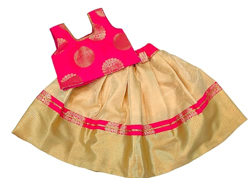 Hot Pink Banarasi Brocade Silk Top and Golden Brocade Silk Skirt Kids Lehenga Choli, Lehenga Set for Girls,4