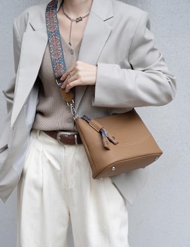 Image of Small Crossbody Purse for Women Genuine Leather Handbag with Colored Guitar Shoulder Strap Casual Satchel Hobo Bags (Brown)