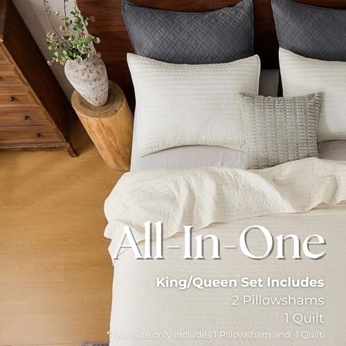 DOWN HOME Queen Quilt Bedding Set with Shams, Vintage Washed Soft Quilted Blanket Thin Comforter Lightweight Bedspread Coverlet Bed Cover, Brushed Microfiber Stripe Stitching, Linen White, 86"x90" by DOWN HOME - Used condition - Image 8