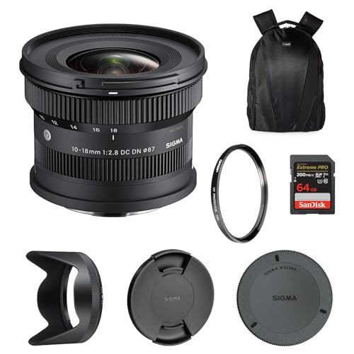 Image of Sigma 10-18mm f2.8 DC DN Fujifilm X Mount Contemporary Lens | Ultra Wide-Angle Zoom with Tiffen 67mm UV Protector Filter, Waith Camera Backpack and 64GB Extreme PRO UHS-I SDXC Memory Card (Bundle Set)