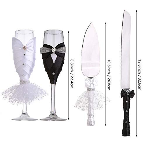Litiny 4 Piece Wedding Reception Supplies Bride And Groom Toasting Flutes And Cake Server Sets -2 Champagne Glasses, 1 Cutting Knife And 1 Pie Server Wedding Gifts Valentine Day Gifts(Romantic) #TOP4