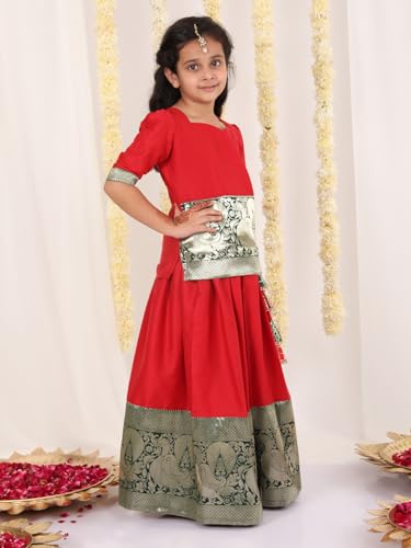 Jbn Creation Silk Blend Girls South Indian Style Pavda Pattu Lehenga (Jbnglc053Rd_34L_Red And Green_12 Years-13 Years)